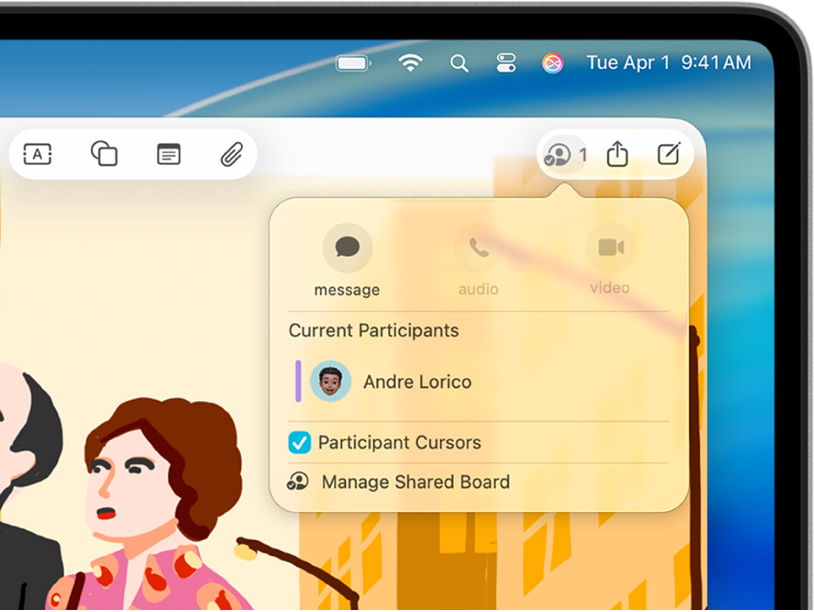 Aplikace Freeform zobrazující místní nabídku spolupráce s jedním účastníkem