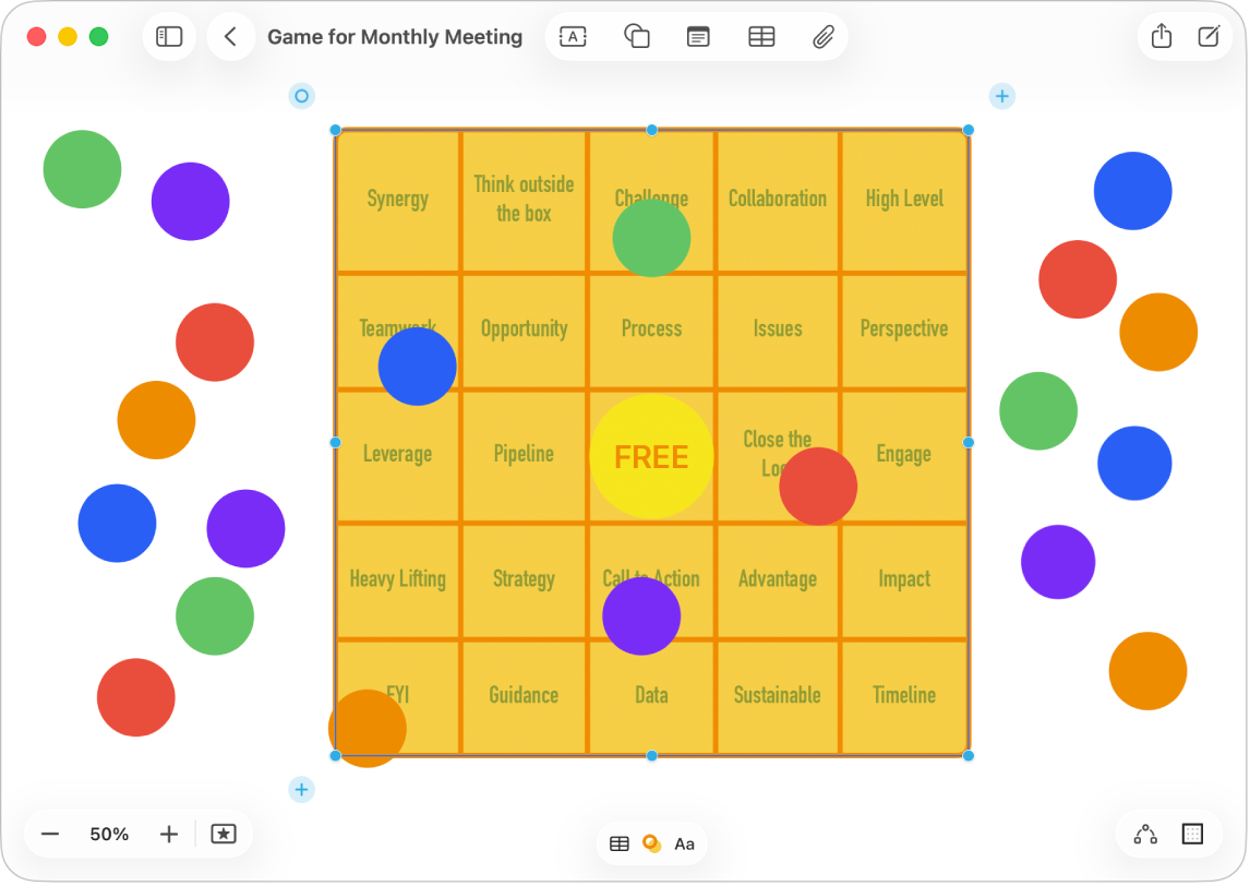 A table on a Freeform board, with its formatting tools visible and small blue dots on its edges for changing its shape.