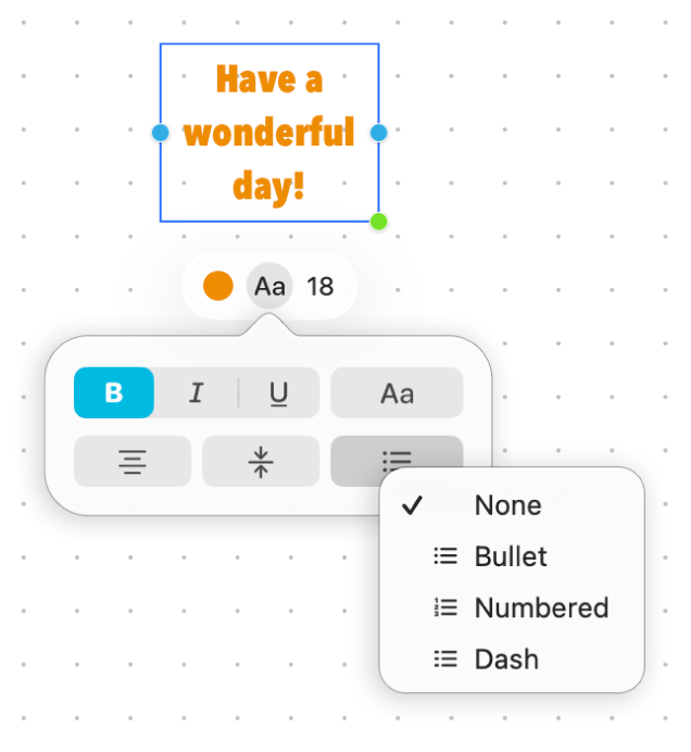 A selected text box with the formatting tools.