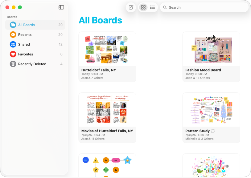 App Freeform avec l’option « Tous les tableaux ».