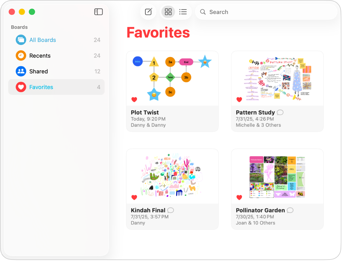 App Freeform mostrando os Favoritos.