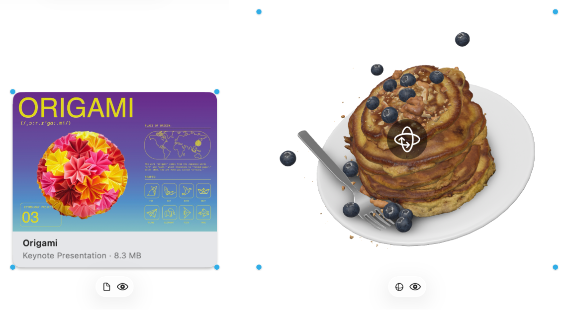 Un fișier Keynote și un obiect 3D sunt selectate și sunt vizibile instrumentele de formatare.