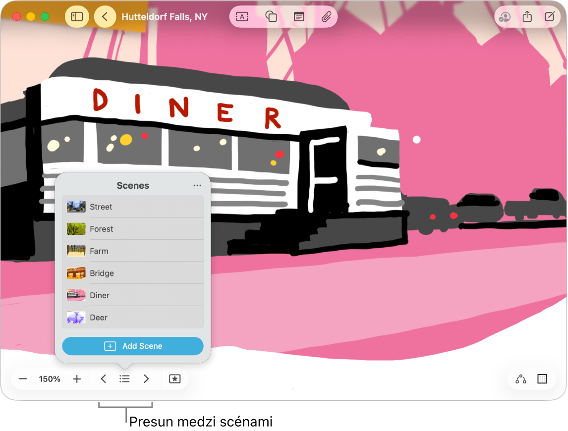 Nástenka Freeform s otvoreným navigátorom scén.