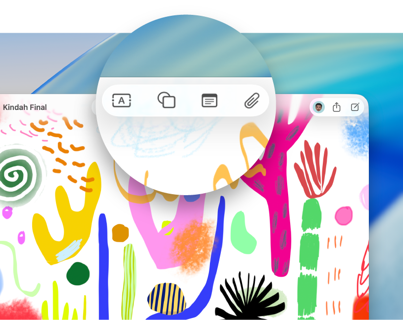 บอร์ด Freeform ที่เปิดอยู่ที่มีการเน้นเครื่องมือที่ด้านบนสุด