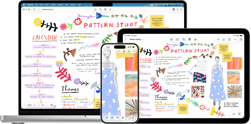 Một máy Mac, iPhone và iPad với cùng một bảng Freeform được mở.