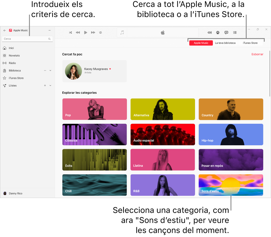 Finestra de l’Apple Music que mostra el camp de cerca a l’angle superior esquerre, la llista de categories al centre de la finestra, i els botons de l’Apple Music, la teva biblioteca o l’iTunes Store a l’angle superior dret.