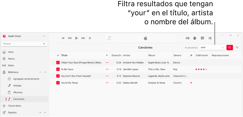 La ventana de Apple Music mostrando la lista de canciones que aparecen cuando se escribe “amor” en el campo de filtro en la esquina superior derecha. Las canciones en la lista incluyen la palabra “amor” en el título, el nombre del artista o el nombre del álbum.