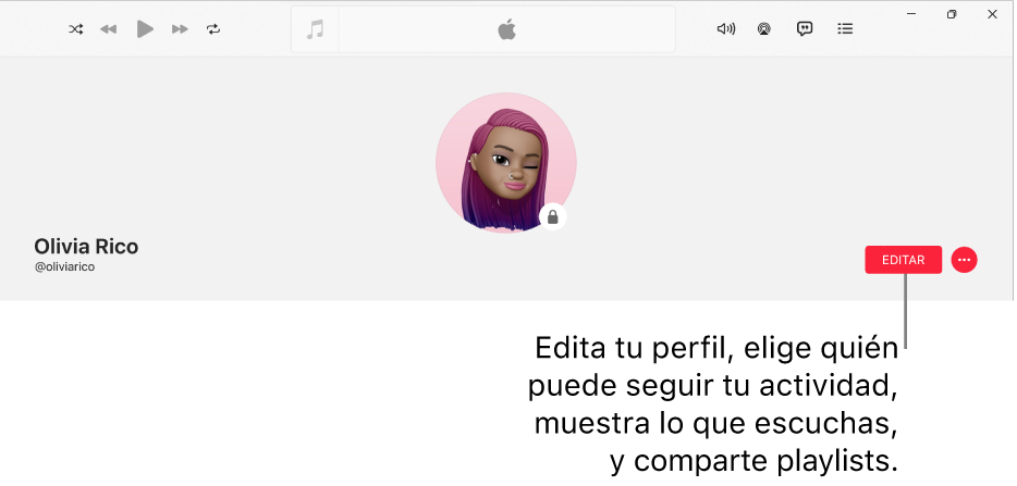 La página de perfil de Apple Music: en el lado derecho de la ventana está el botón Editar, el cual puedes seleccionar para modificar tu perfil, elegir quién puede seguir tu actividad, mostrar lo que escuchas y compartir playlists.