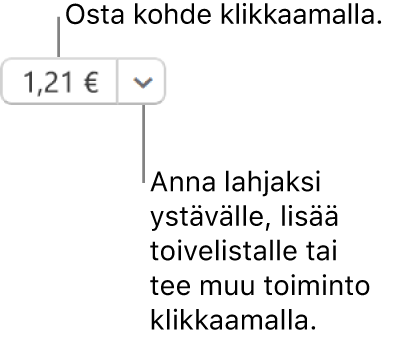 Painike, jossa näkyy hinta. Osta kohde valitsemalla sen hinta. Valitsemalla hinnan vieressä olevan nuolen voit muun muassa lahjoittaa kohteen ystävälle ja lisätä sen toivelistalle.
