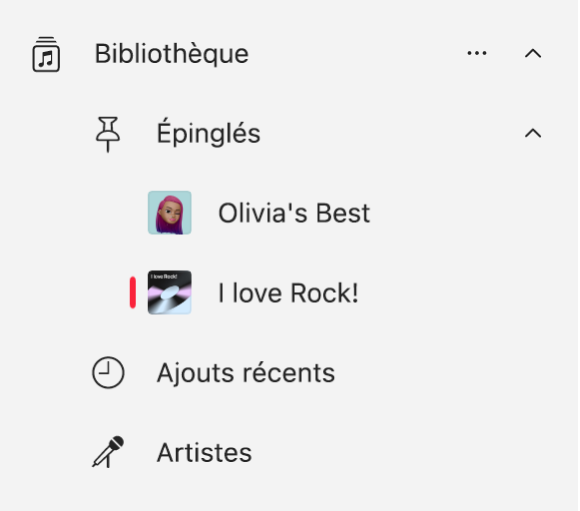 La barre latérale d’Apple Music qui affiche une liste d’éléments épinglés dans la bibliothèque