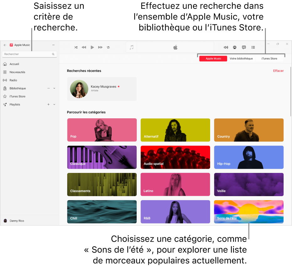 La fenêtre Apple Music, avec le champ de recherche dans le coin supérieur gauche, la liste de catégories au centre de la fenêtre et les boutons « Apple Music », « Votre bibliothèque » et « iTunes Store » dans le coin supérieur droit.