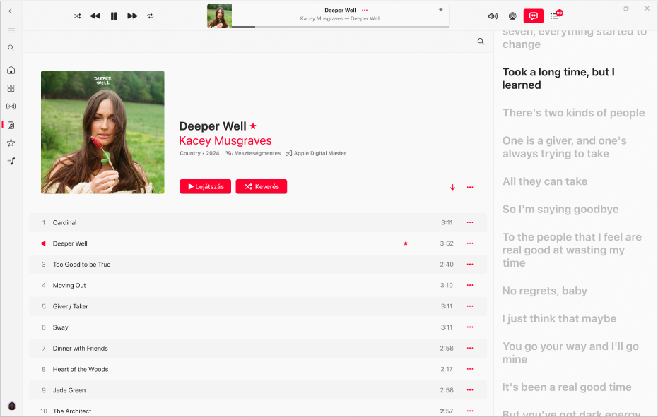 Lejátszás alatt álló zene, amelynek a dalszövege a jobb oldalon jelenik meg tökéletesen időzítve a zenéhez.