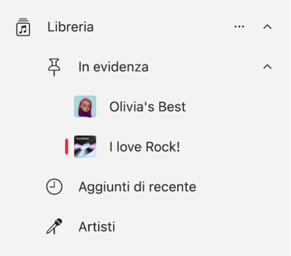 La barra laterale di Musica che mostra un elenco di contenuti messi in evidenza nella libreria.