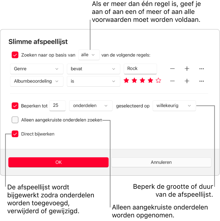 Het dialoogvenster 'Slimme afspeellijst': Selecteer 'Zoeken naar' linksbovenin en geef vervolgens op aan welke criteria de afspeellijst moet voldoen (bijvoorbeeld genre of beoordeling). Met de knop met het plusteken en de knop met het minteken aan de rechterkant kun je regels toevoegen of verwijderen. Onder in het dialoogvenster kun je verschillende opties instellen, waaronder de grootte en lengte van de afspeellijst, of je alleen aangekruiste nummers wilt toevoegen en of je de afspeellijst wilt laten bijwerken als onderdelen in je bibliotheek worden gewijzigd.