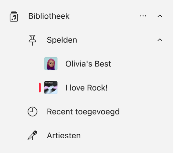 De navigatiekolom van Apple Music met een lijst met onderdelen die in de bibliotheek zijn vastgemaakt.