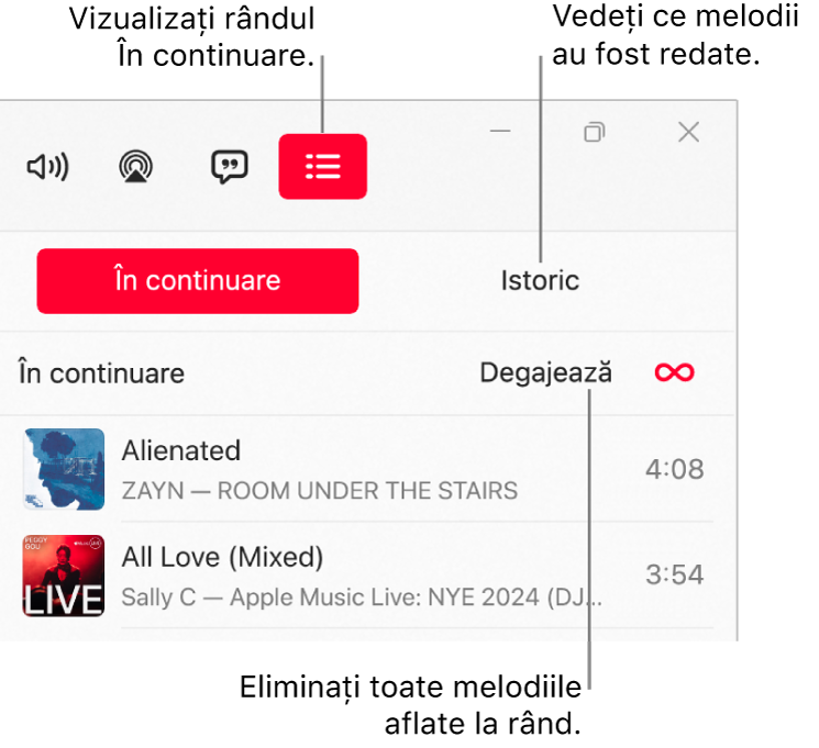Colțul din dreapta sus al ferestrei Apple Music afișând butonul “În continuare” în partea de sus a listei “În continuare”. Butonul Istoric se află în dreapta butonului În continuare. Selectați butonul Istoric pentru a vedea melodiile redate anterior. Linkul Degajează se află sub butonul Istoric. Selectați linkul “Degajează” pentru a elimina toate melodiile din rândul de redare.