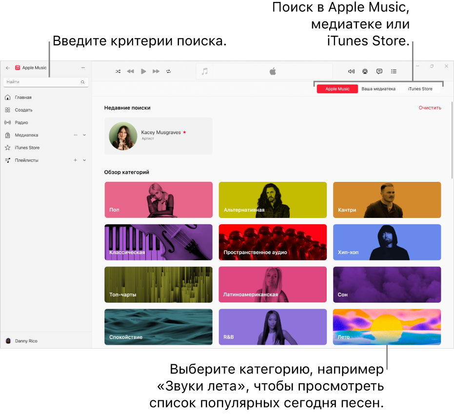 В левом верхнем углу окна Apple Music показано поле поиска, в центре окна показан список категорий поиска, а в правом верхнем углу доступны кнопки «Apple Music», «Ваша медиатека» и «iTunes Store».