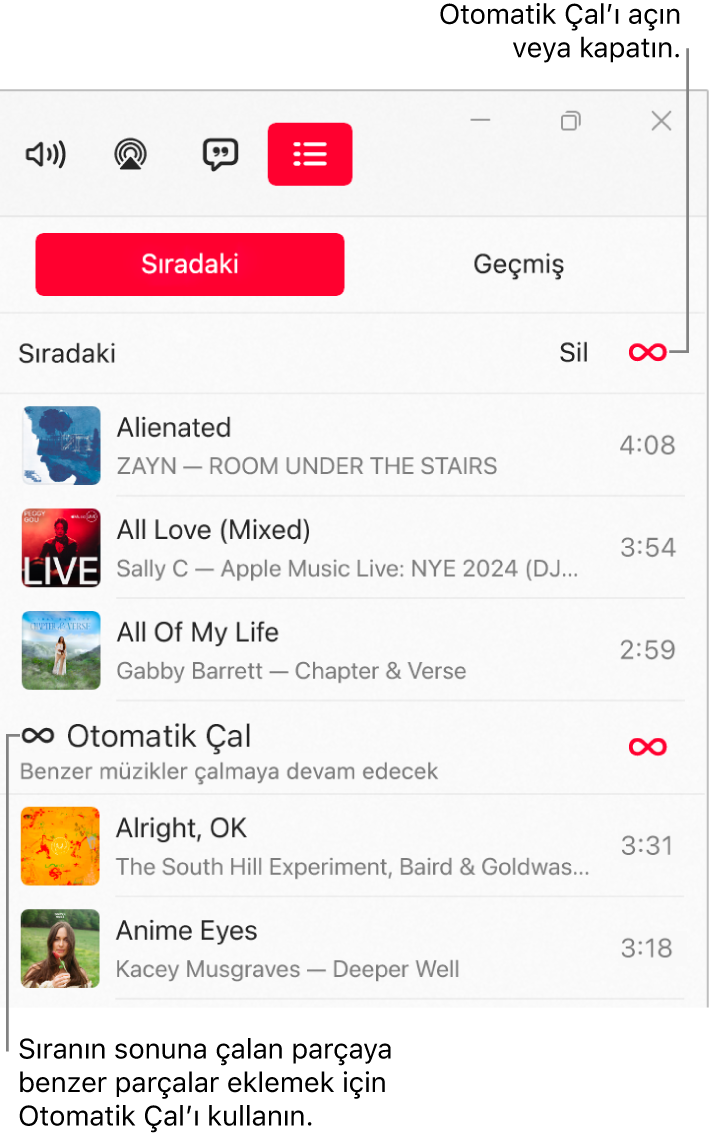 Sıradaki listesi, sağ tarafta sıradaki parçaların listesini ve Otomatik Çal simgesini gösteriyor. Açmak veya kapatmak için Otomatik Çal simgesini seçin. Otomatik Çal açıkken benzer parçalar sıranın sonuna eklenir.