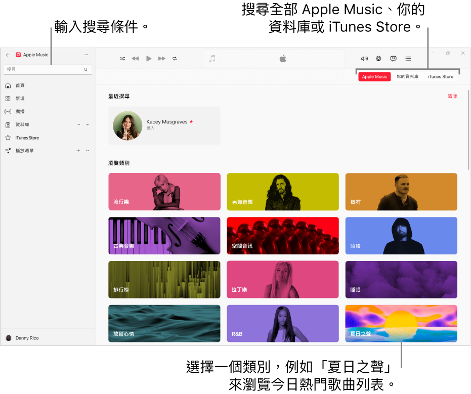 Apple Music 視窗的左上角顯示搜尋欄位,類別列表位於視窗的中間,而 Apple Music、「你的資料庫」和 iTunes Store 按鈕則位於右上角。