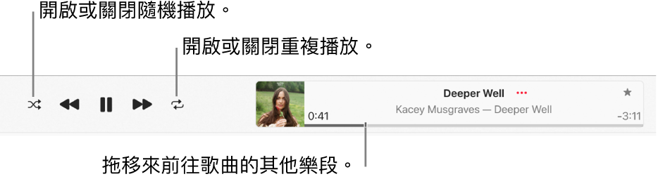 播放視窗顯示播放中的歌曲。「隨機播放」按鈕位於左上方,而「重複」按鈕位於專輯插圖左側。時間列位於歌曲名稱下方,在視窗的右側。
