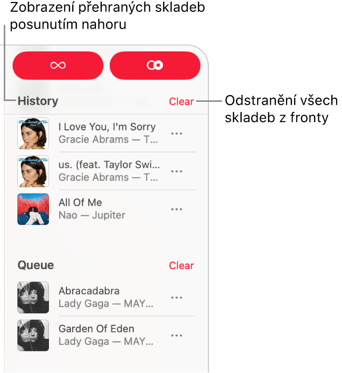Fronta se zobrazuje v pravém horním rohu okna Apple Music. Zobrazí se sekce Historie, Fronta a Pokračovat v přehrávání.