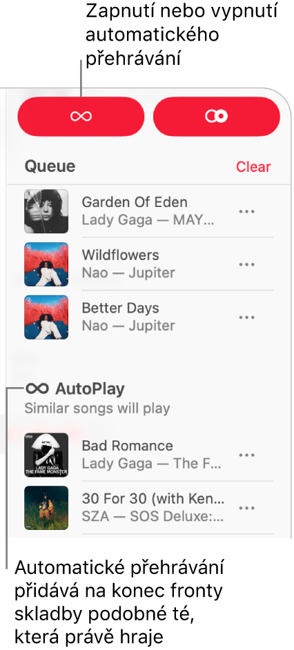 Fronta se zobrazuje v pravém horním rohu okna Apple Music. Zobrazí se sekce Pokračovat v přehrávání a Automatické přehrávání.