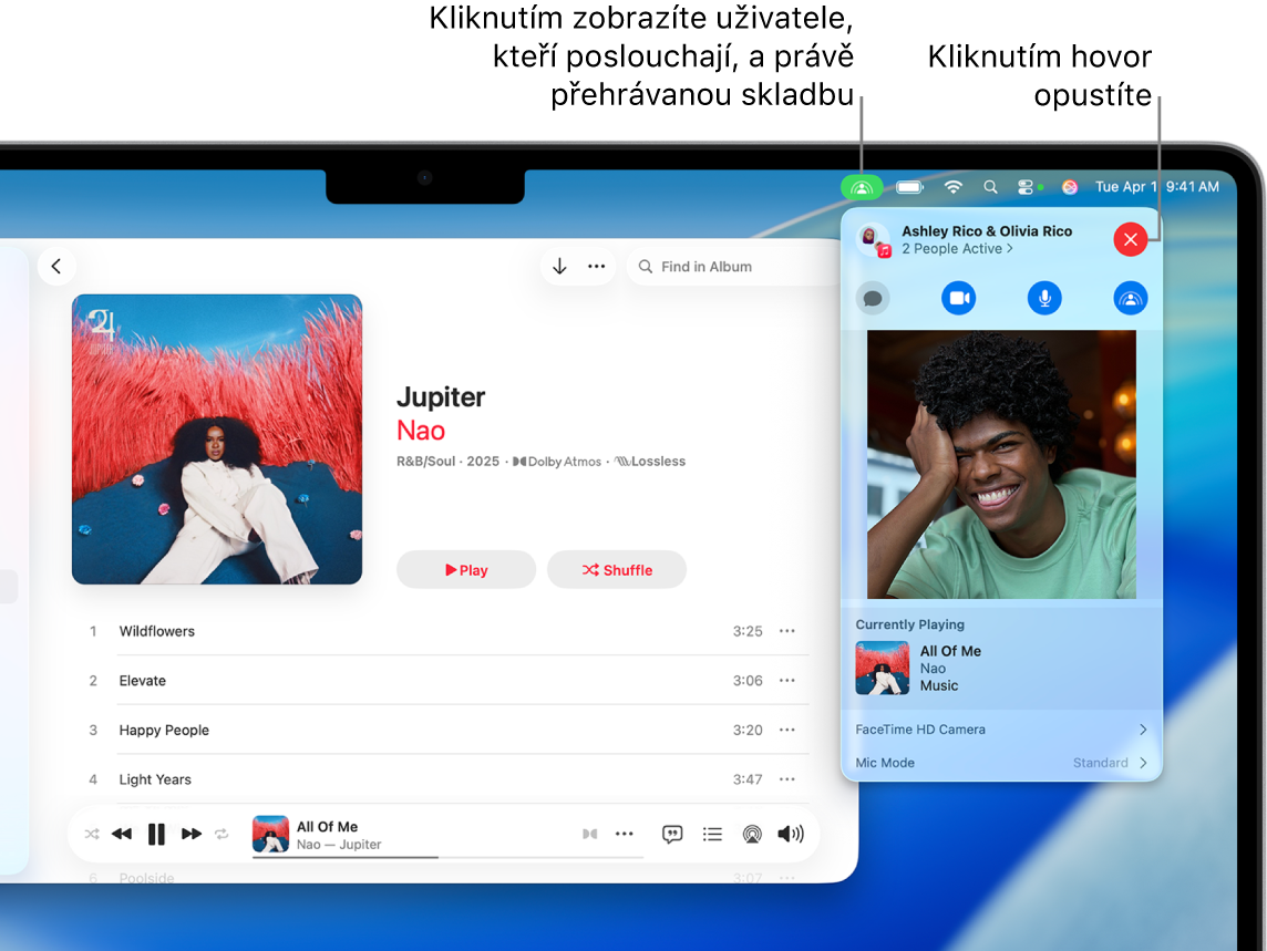 Okno Apple Music, v němž je vidět přehrávaná skladba při použití SharePlay. V okně přehrávání je vidět počet uživatelů, kteří společně poslouchají. Po kliknutí na ikonu SharePlay napravo můžete zobrazit poslouchající účastníky a také aktuálně přehrávanou skladbu. Napravo můžete kliknout na tlačítko Zavřít.