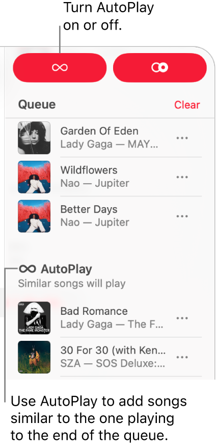 The queue is visible in the top-right corner of Apple Music. The Continue Playing and AutoPlay sections appear.