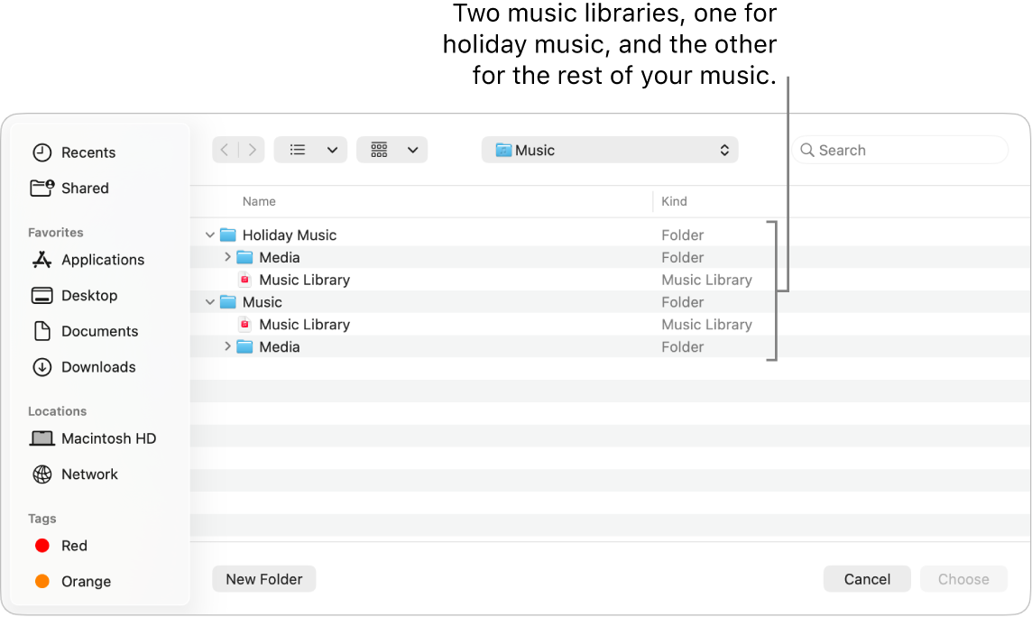 The Finder window showing multiple libraries—one for holiday music and the other for the rest of your music.
