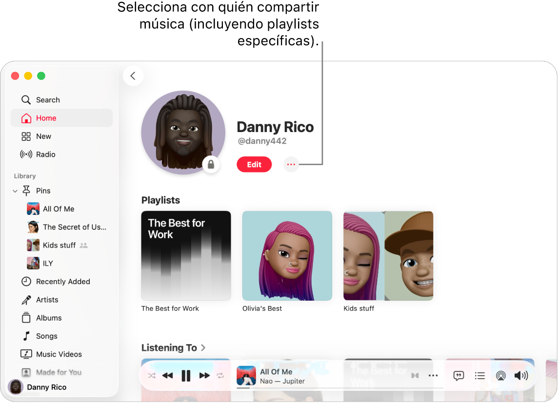 La página de perfil de Apple Music: en la parte superior de la ventana, haz clic en el botón Más (a la derecha del botón Editar) para compartir tu música.