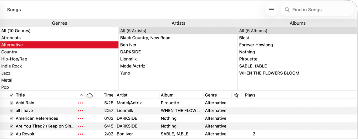 Ventana de la app Música con el navegador de columnas encima de la lista de canciones.