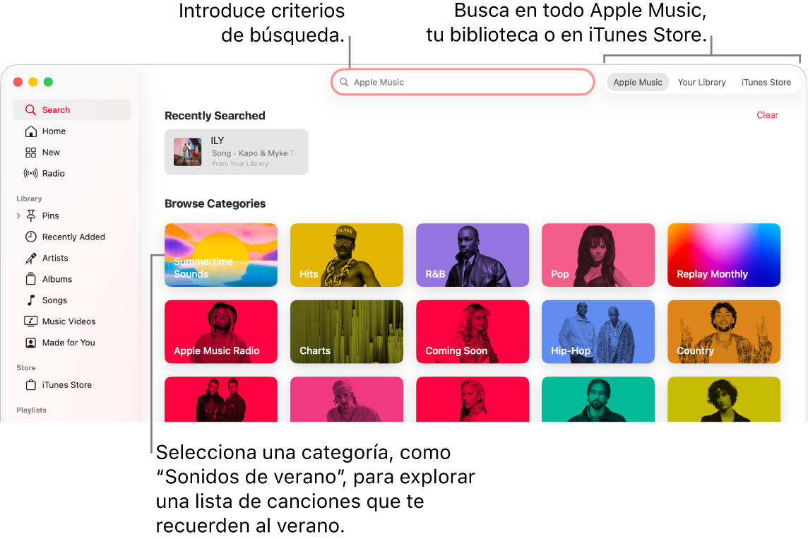 La ventana de Apple Music que muestra el campo de búsqueda en la esquina superior izquierda, la lista de categorías en el centro de la ventana y Apple Music, “Tu biblioteca” y iTunes Store en la esquina superior derecha. Introduce los criterios de búsqueda en el cuadro de búsqueda y, a continuación, selecciona para buscar en todo Apple Music, solamente en la biblioteca o en iTunes Store.