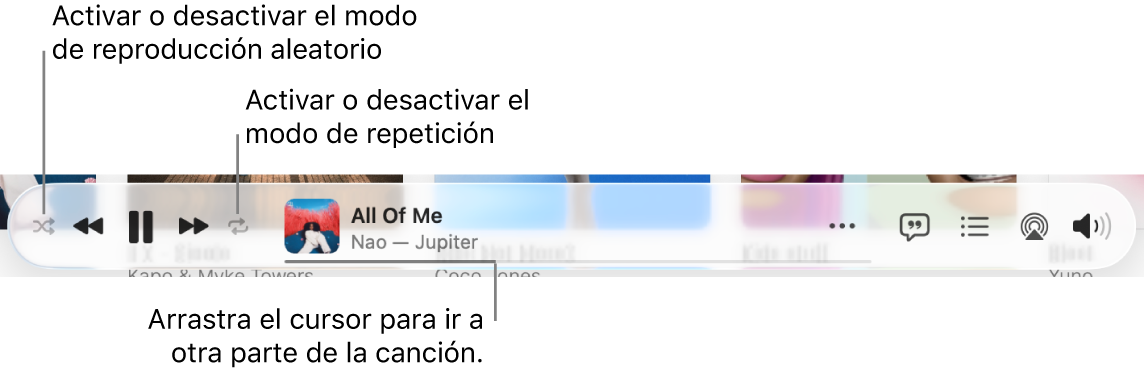 La parte inferior de Apple Music con una canción en reproducción. Los controles de reproducción están en el extremo izquierdo. El botón Aleatorio está a la izquierda de los controles de reproducción y el botón Repetir está a la derecha de los controles. Arrastra el cursor de reproducción para ir a una parte diferente de la canción.