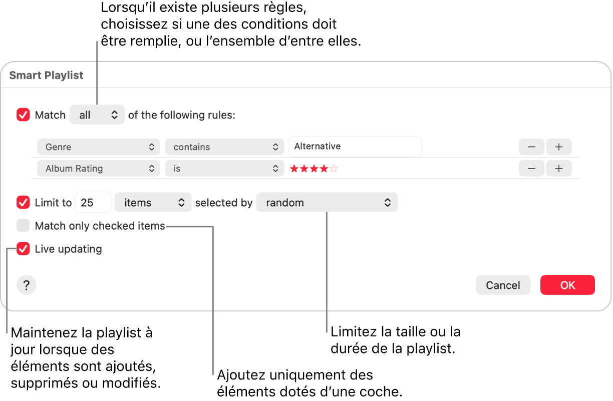 La zone de dialogue « Playlist intelligente » : Dans le coin supérieur gauche, sélectionnez Inclure, puis indiquez les critères de la playlist (comme Genre ou Classement). Continuez d’ajouter ou de supprimer des règles en cliquant sur le bouton Ajouter ou Supprimer en haut à droite. Sélectionnez différentes options dans la partie inférieure de la zone de dialogue, comme la limitation de la taille ou de la durée d’une playlist, l’utilisation exclusive des éléments cochés ou la mise à jour de la playlist par Musique lorsque votre bibliothèque est modifiée.