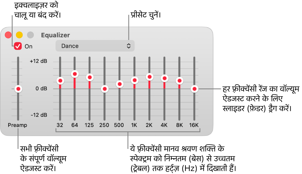 इक्वलाइजर विंडो: iTunes इक्वलाइजर को चालू करने के लिए चेकबॉक्स ऊपरी-बाएँ कोने पर है। इसके सामने इक्वलाइजर प्रीसेट वाला पॉप-अप मेनू है। अधिक बाईं ओर, प्रीऐम्प के साथ फ़्रीक्वेंसी के समग्र वॉल्यूम को समायोजित करें। इक्वलाइजर प्रीसेट के नीचे, विभिन्न फ़्रीक्वेंसी रेंज के साउंड लेवल को समायोजित करें, जो निम्नतम से उच्चतम मानव श्रवण स्पेक्ट्रम को निरूपित करते हैं।