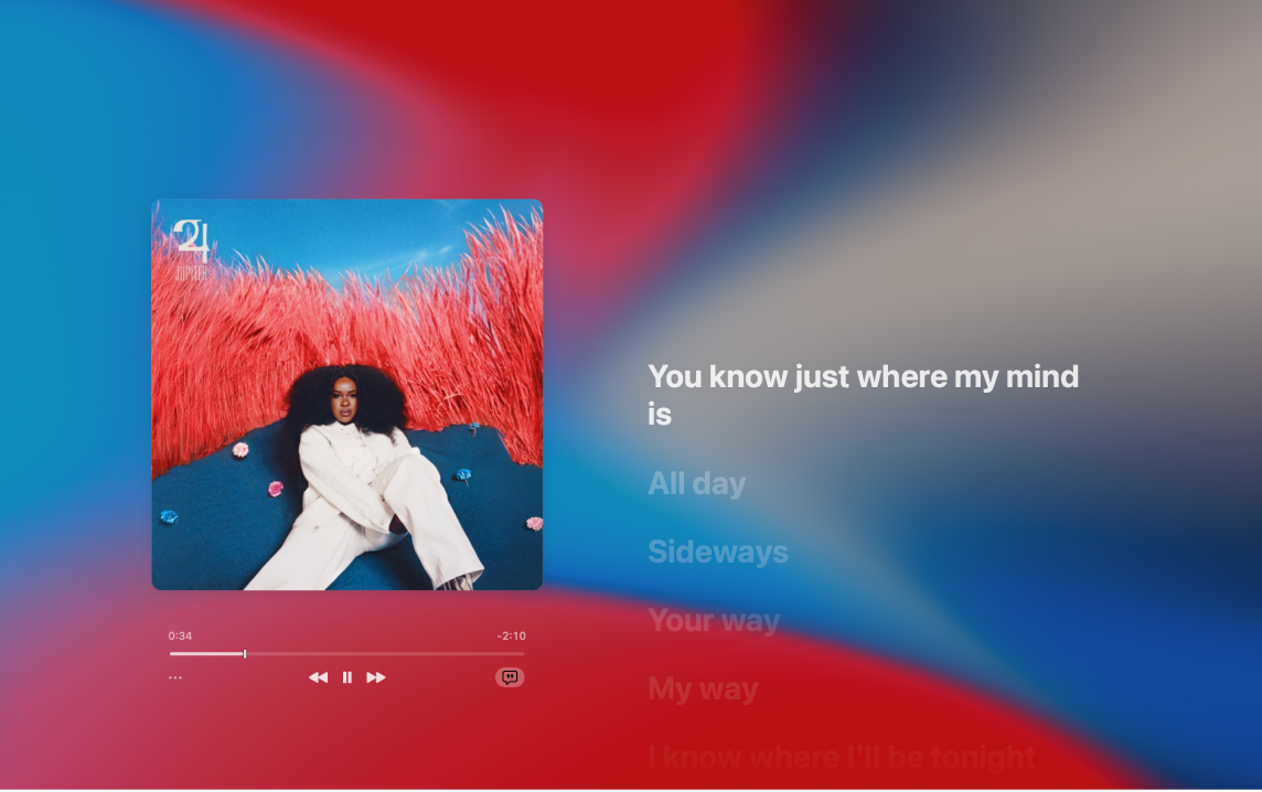 Uređaj za reprodukciju preko cijelog zaslona s pjesmom koja se reproducira i stihovi s desne strane i koji se na zaslonu prikazuju vremenski usklađeno s glazbom.