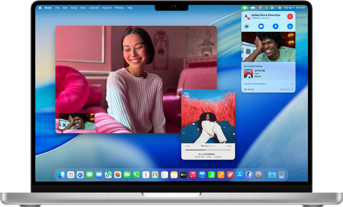 앨범을 함께 듣기 위해 SharePlay를 사용하는 참여자와의 통화를 보여주는 FaceTime 윈도우.