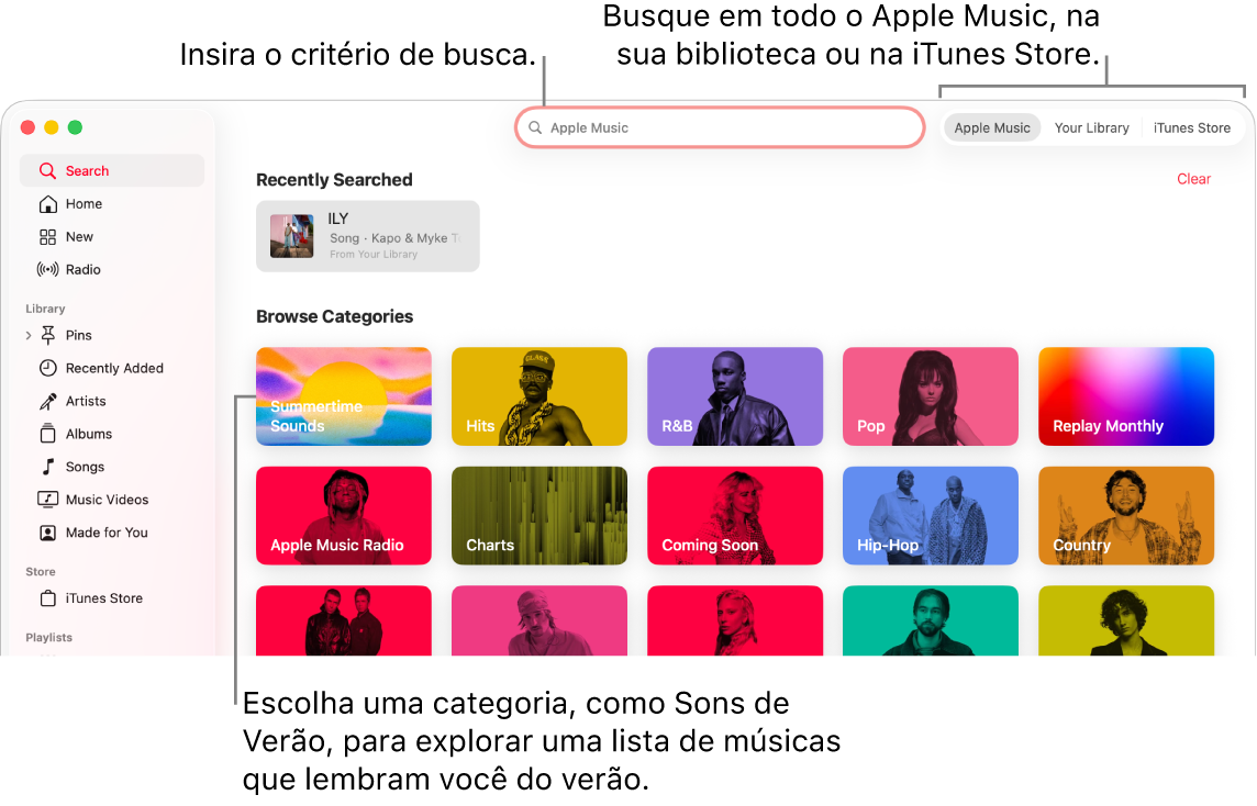 Janela do Apple Music mostrando o campo de busca no canto superior esquerdo, a lista de categorias no centro da janela e Apple Music, Sua Biblioteca e iTunes Store disponíveis no canto superior direito. Digite critérios de busca no campo de busca e opte por buscar em todo o Apple Music, apenas na biblioteca ou na iTunes Store.