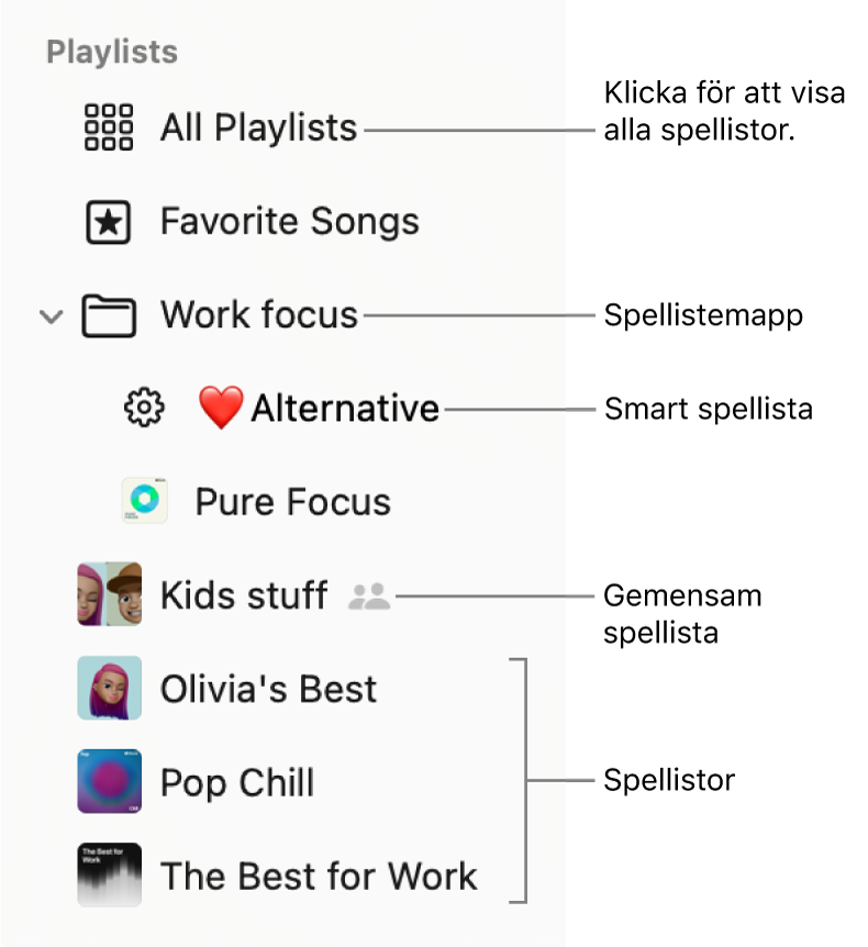 Sidofältet i Musik med en spellistemapp och de olika typerna av spellistor: Favoritlåtar, smarta spellistor, samarbetsspellistor och spellistor. Klicka på Alla spellistor för att visa alla.