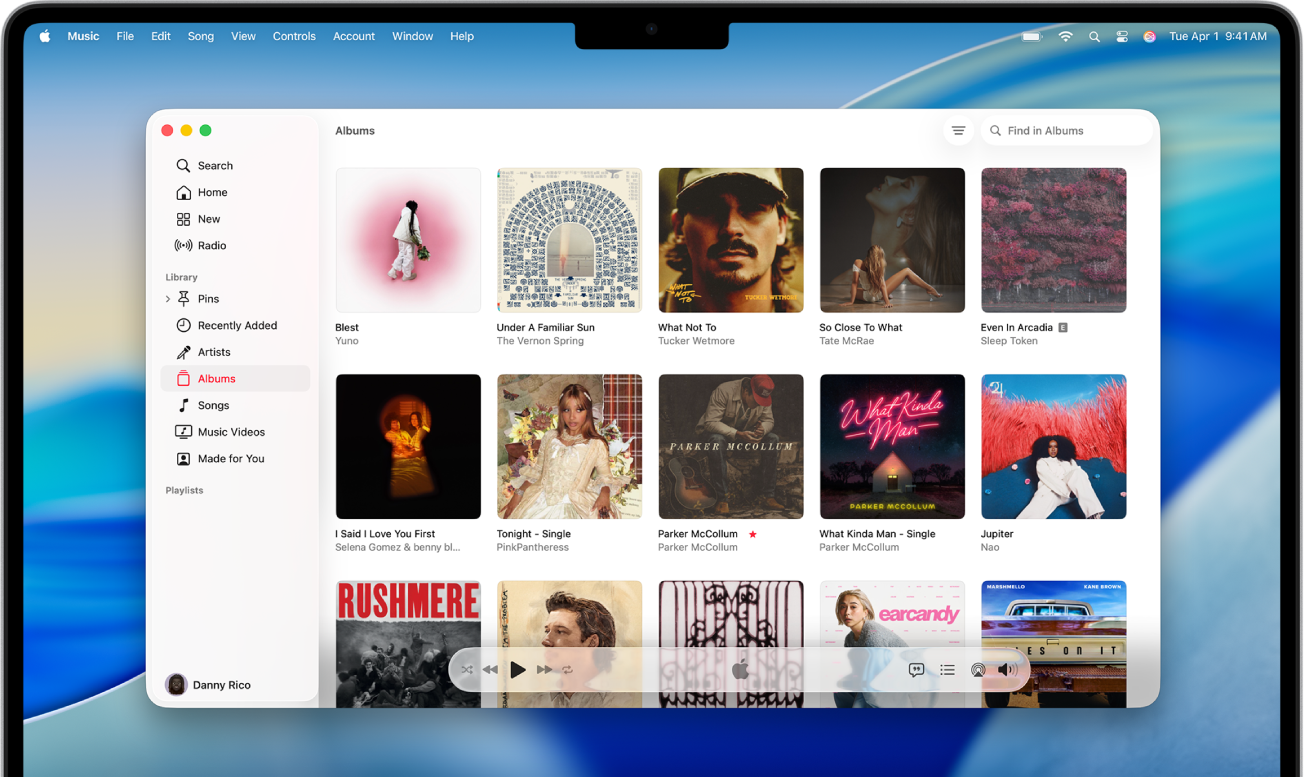 Cửa sổ Apple Music với một thư viện album.