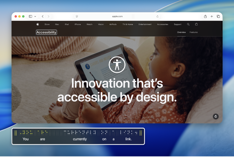 Mesa do Mac com uma página web aberta. Abaixo, um painel de braille mostra o que está no cursor do VoiceOver na página web usando pontos amarelos em braille simulados, com o texto correspondente abaixo dos pontos.