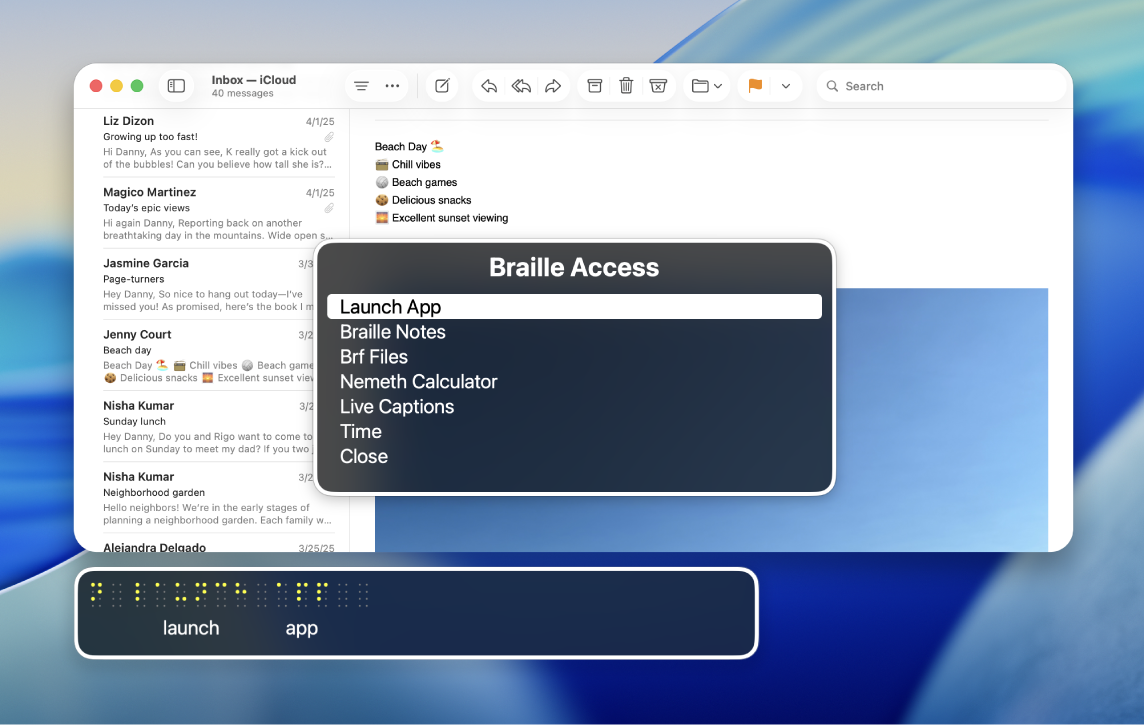 Aplicația E‑mail este deschisă pe desktop. Meniul Acces Braille și panoul Braille sunt afișate, cursorul fiind deasupra opțiunii Lansați aplicația.