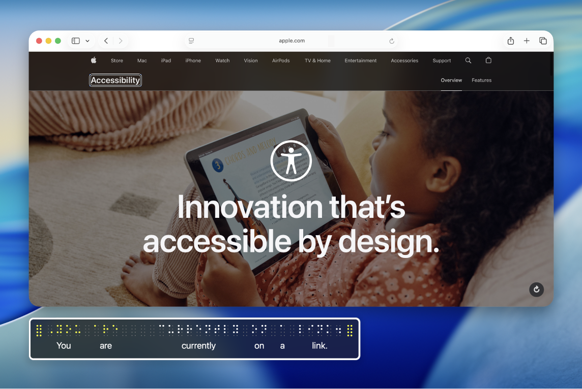 點字面板會顯示網頁上「旁白」游標中的內容。 點字面板會顯示模擬的黃色點字,點字的下方有相應的文字。