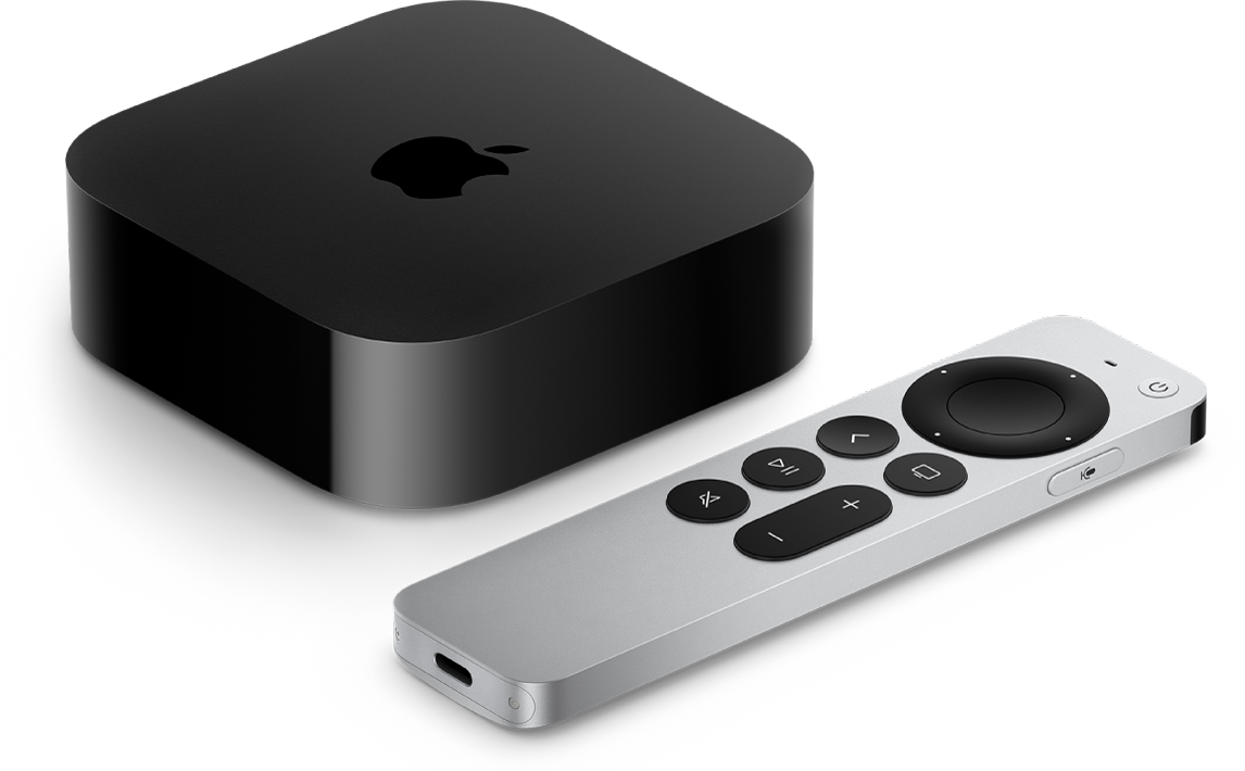 Une Apple TV et une télécommande Siri Remote sont affichées