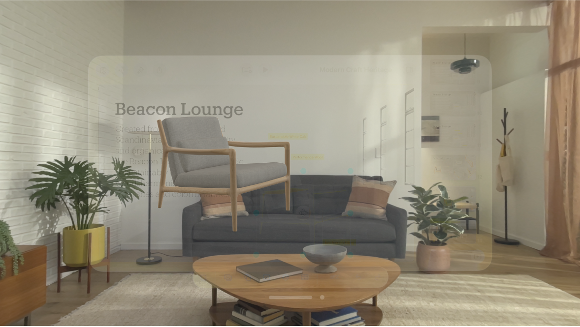 تطبيق Keynote على Apple Vision Pro، يعرض عنصرًا ثلاثي الأبعاد في منتصف النافذة.