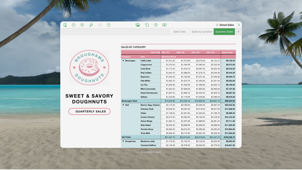 تطبيق Numbers على Apple Vision Pro ويعرض جدول بيانات مفتوحًا وعناصر التحكم في التنسيق في الأعلى.
