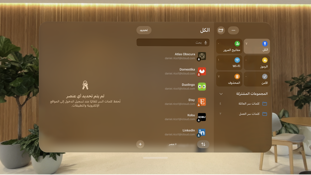 تطبيق كلمات السر على Apple Vision Pro. الحسابات مُرتبة أبجديًا.