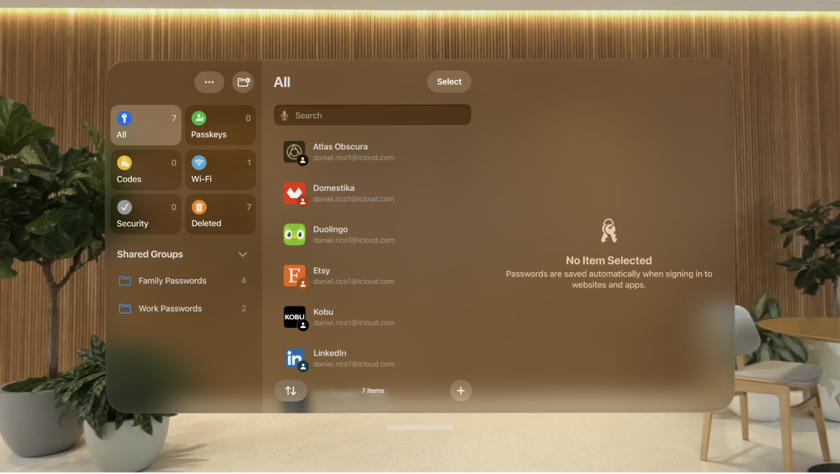 The Passwords app on Apple Vision Pro. Accounts are listed in alphabetical order.