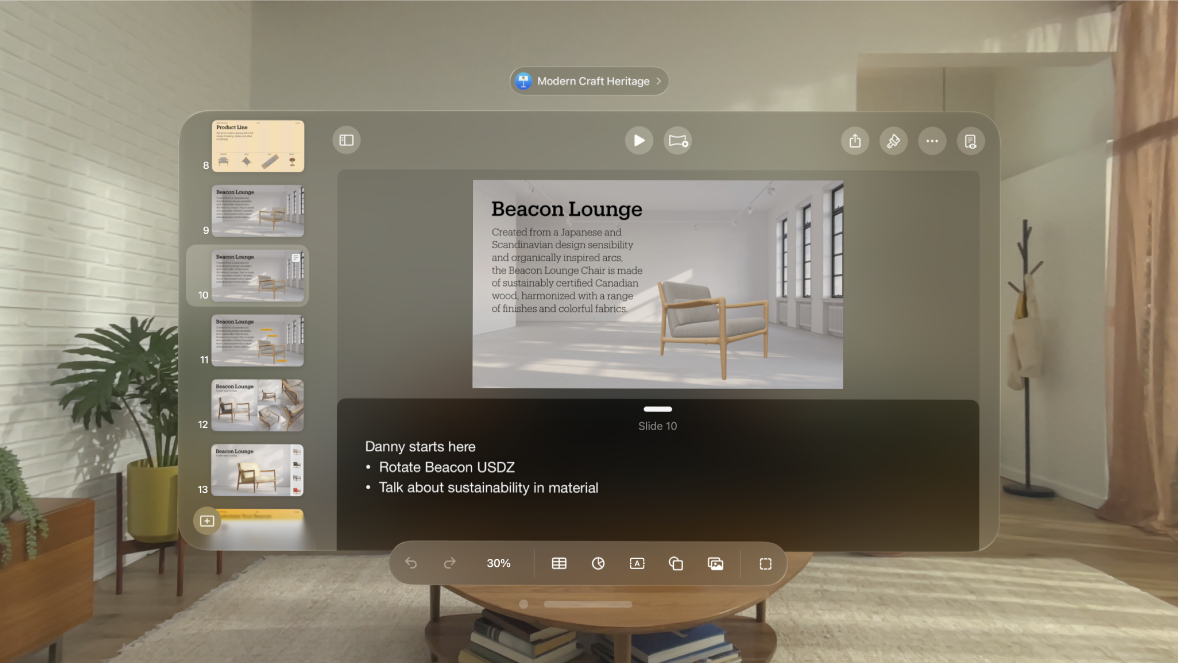 The Keynote app on Apple Vision Pro, showing presenter notes at the bottom of the app window.