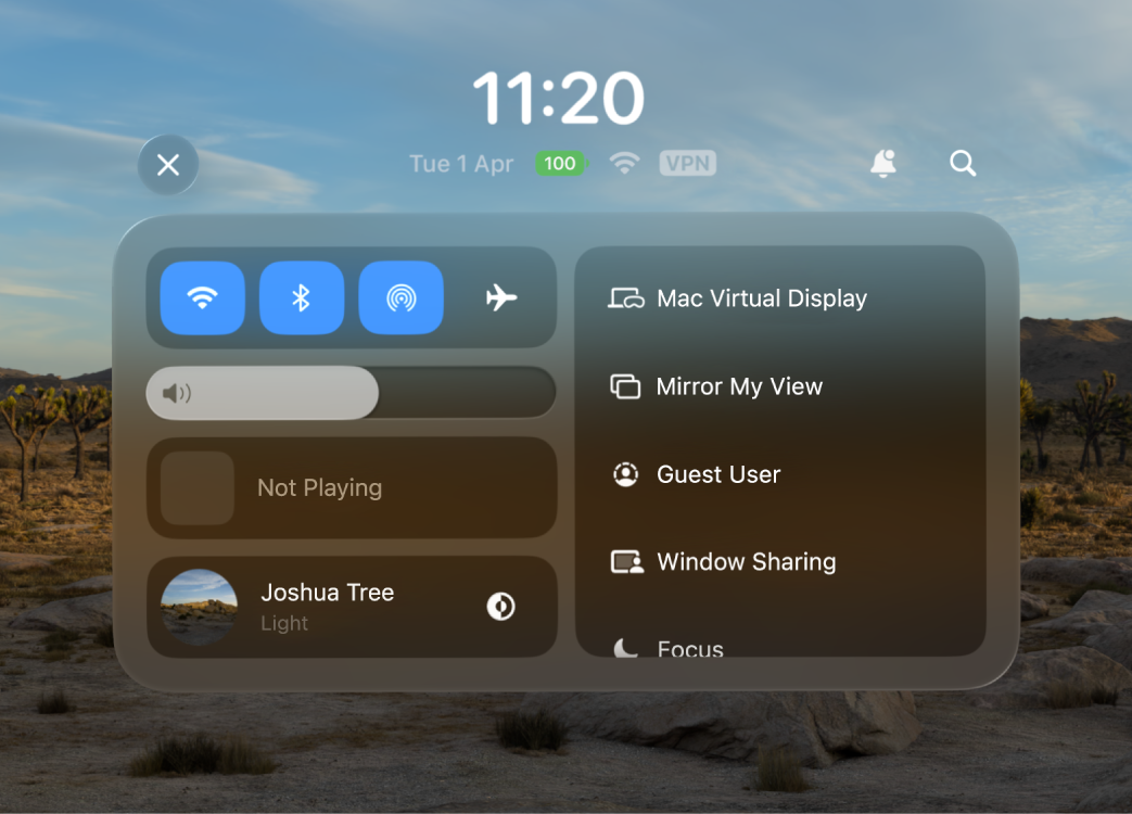 Control Centre on Apple Vision Pro, with a volume slider near the top left.
